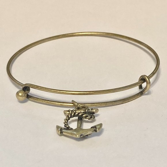 Nautical Anchor Charm Bracelet Beach Island Bangle Stackable Gold Brass Tone 8" - Picture 5 of 12